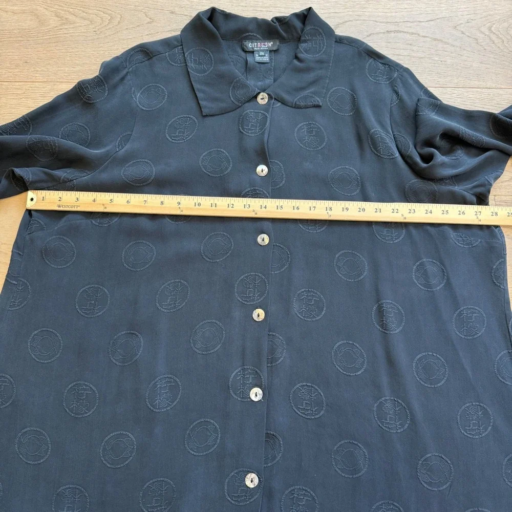Citron Santa Monica Black 100% Silk Jacquard Medallion Tunic Blouse Plus Size 2X